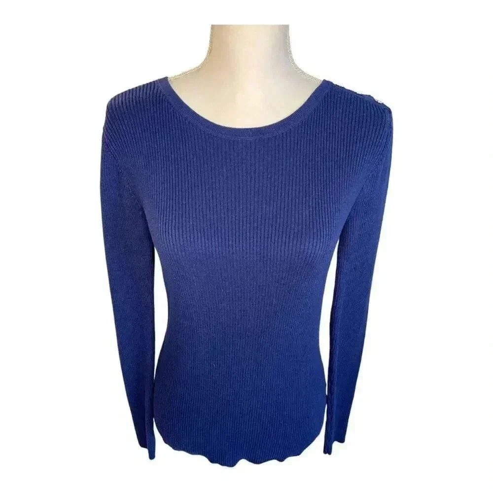Anne Klein Women’s Small Ribbed Blue Sweater With Button Shoulder Detail